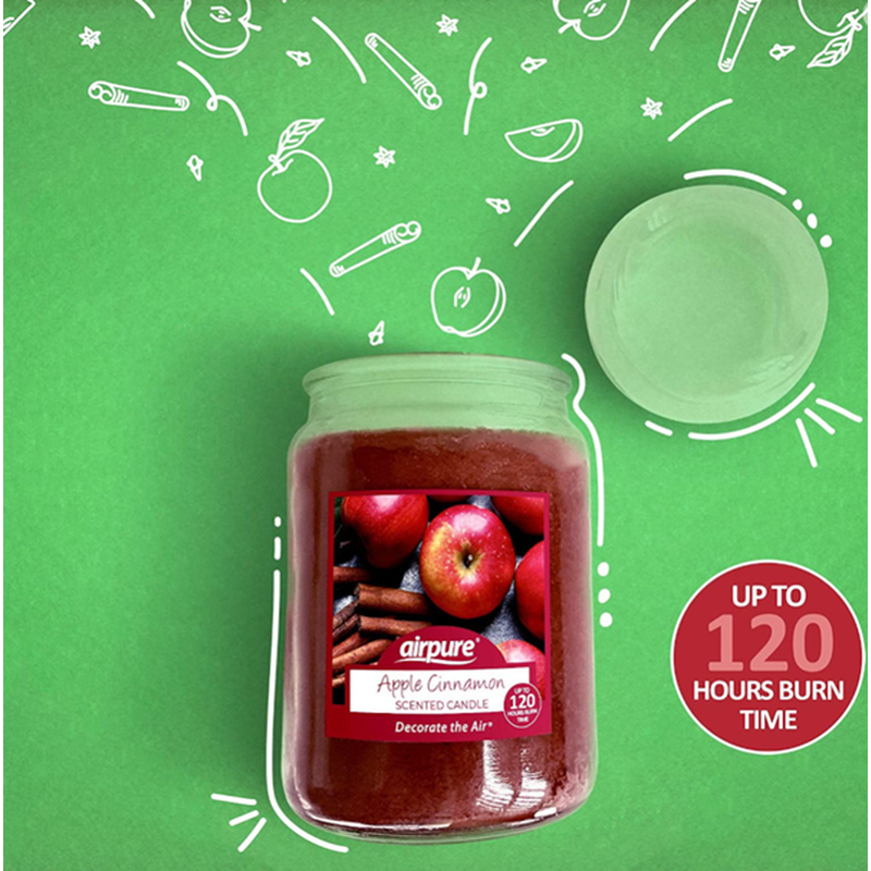 Airpure Candle - "Apple & Cinnamon" - 510g /120hr Burn Time (Clean Burn Candle)