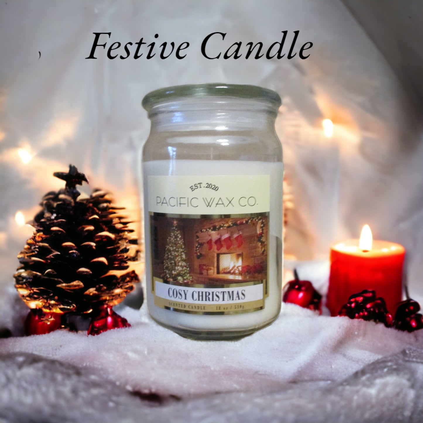 Pacific Wax - Festive Candles - 510g Jar with lid up to 85 Hour Burn Time.