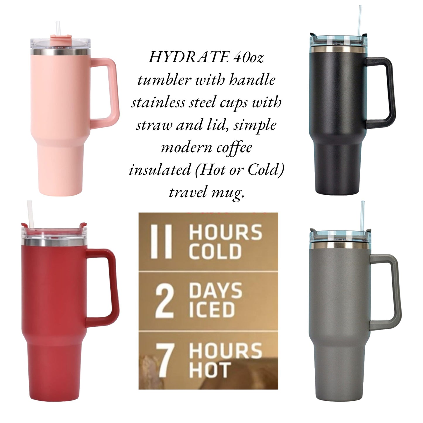 HYDRATE 40oz tumbler with handle stainless steel cups with straw and lid, simple modern coffee insulated (Hot or Cold) travel mug.