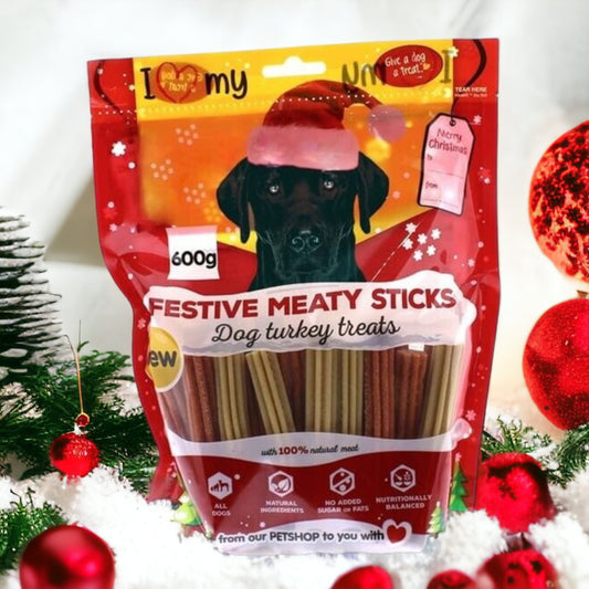 I Love My Dog Bag Festive Meaty Sticks Dog Turkey Treats 600g Christmas Chews