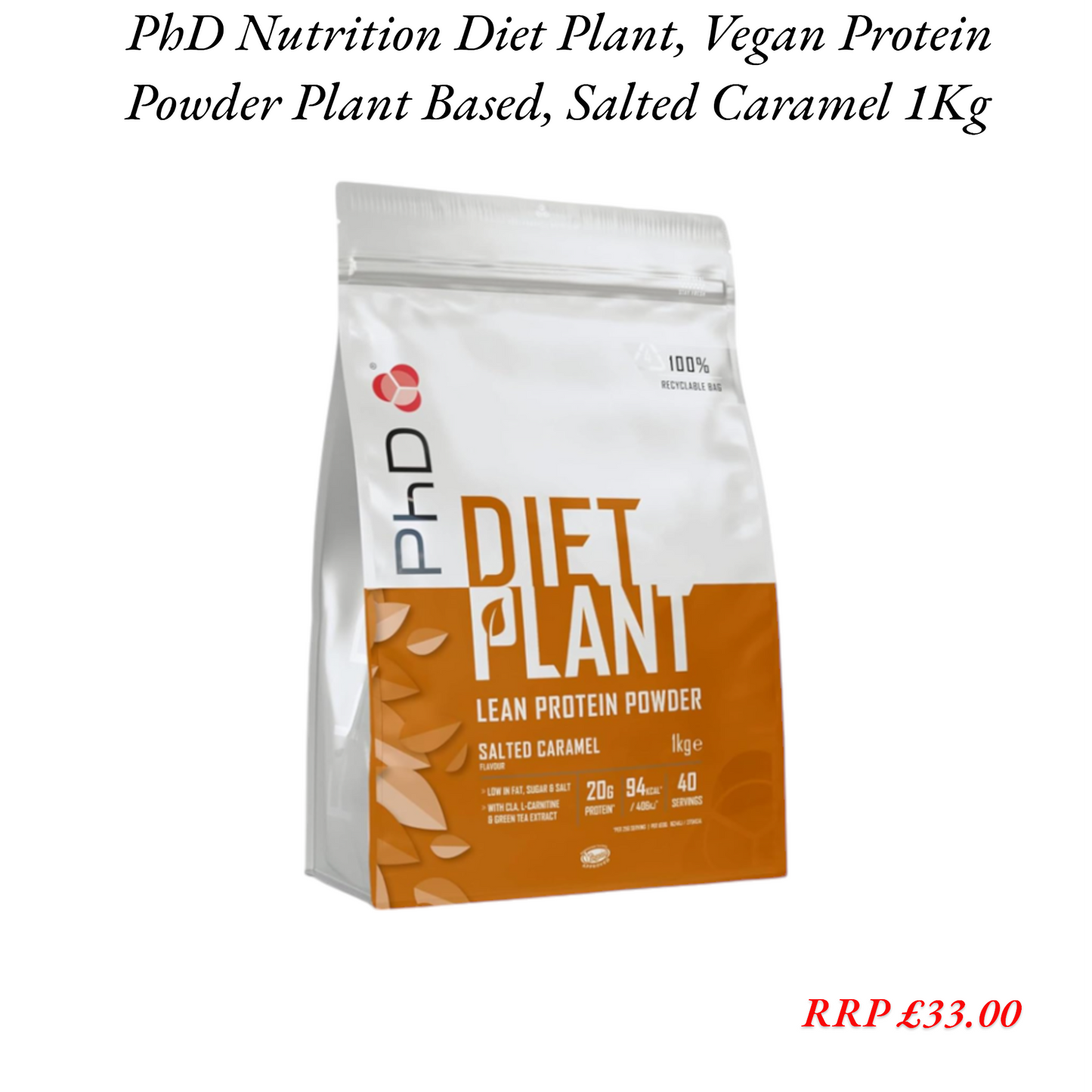 PhD Nutrition, Vegan Protein Powder, Salted Caramel, 20g of Plant Protein, 40 Servings Per 1 Kg Bag