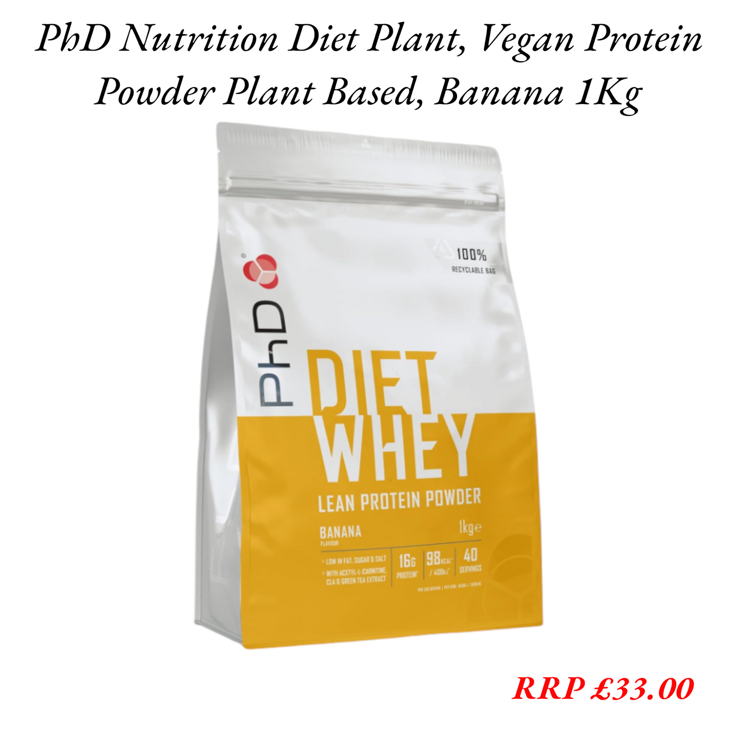 PhD Nutrition, Vegan Protein Powder, Banana, 20g of Plant Protein, 40 Servings Per 1 Kg Bag