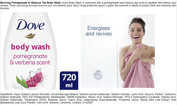 Dove XL Reviving Body Wash Natural Moisturizer Pomegranate & Hibiscus Tea, (2x720ml)